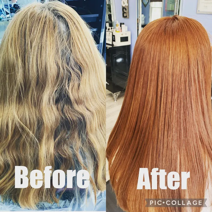 Before and after: brassy, uneven blonde turned into an even copper