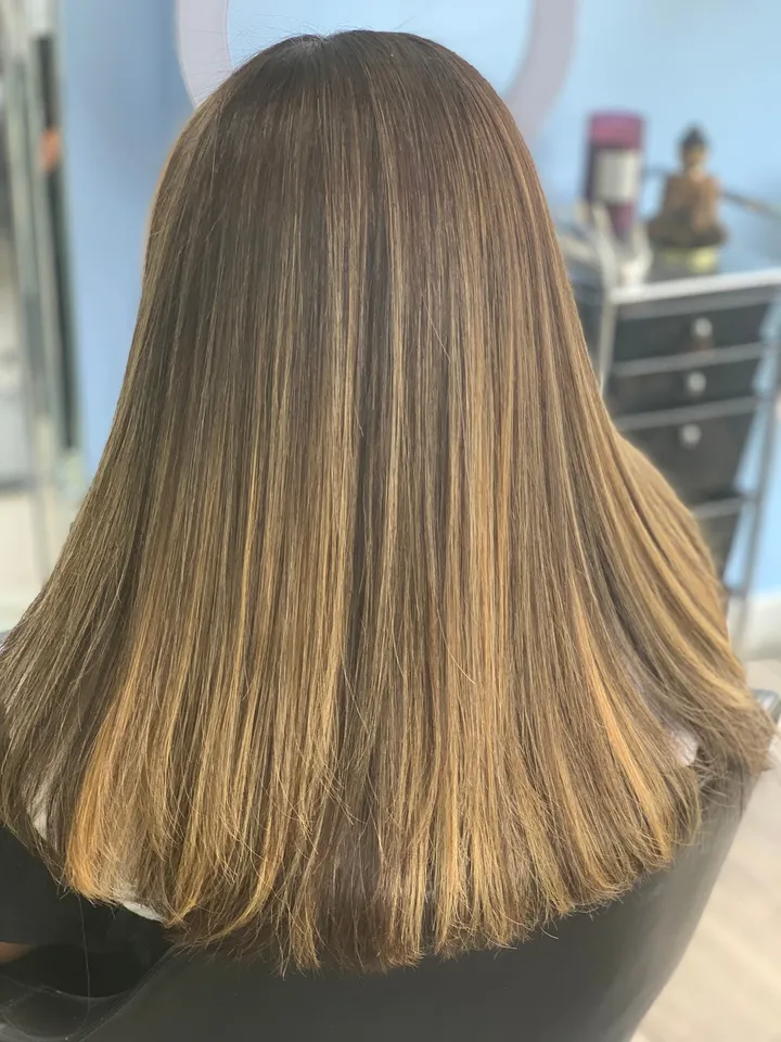 Straight brown hair with a caramel balayage through the lengths