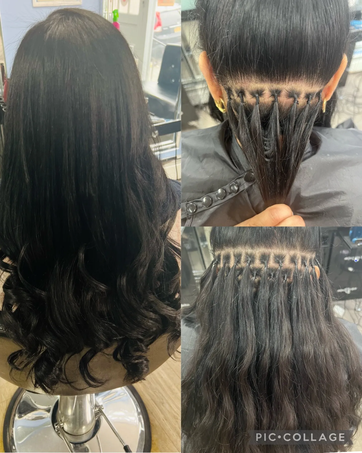 Long black curled extensions, with close-ups of the beaded rows that hold them